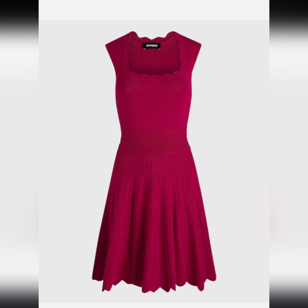 Express Red Scallop Neck Fit-and-Flare Dress - Picture 6 of 16